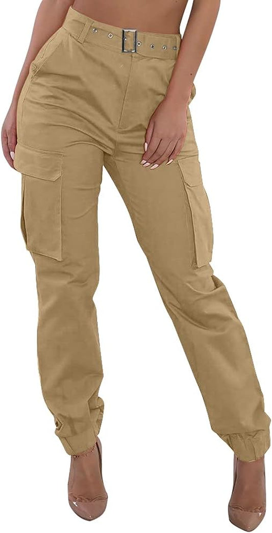 Women Cargo Pants Casual High Waist Jogger Pants Loose Outdoor Combat Twill Trousers Sweatpants (Without Matching Belt) Khaki